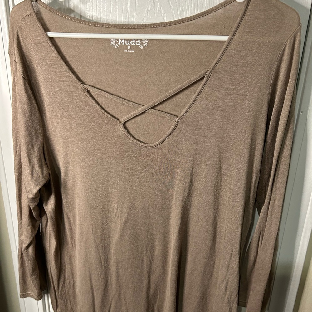 Mudd Brown Blouse with Cut Out Neckline and 3/4 Sleeves